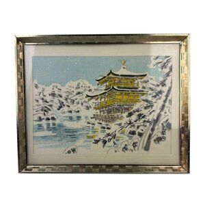 Woodblock Print on Silk Golden Pavilion in Snow Eiichi Kotozuka Oriental Art VTG